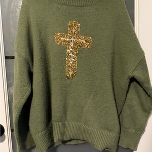 Love in Faith Olive Sweater with Gold Sequin Cross